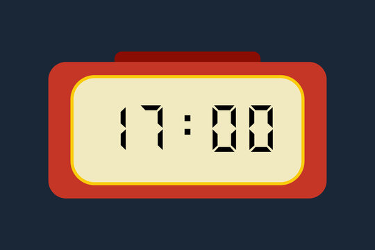 yellow red digital clock showing 17:00 on a navy blue background