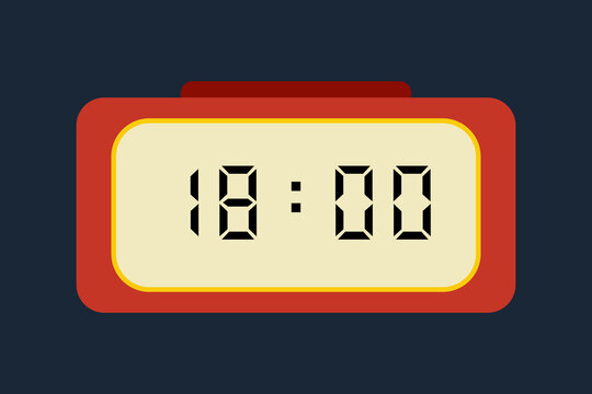 yellow red digital clock showing 18:00 on a navy blue background