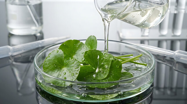 Detailed macro view of fresh green centella asiatica leaf inside a glass petri dish with organic liquid serum pouring over foliage for scientific laboratory research and skincare development.
