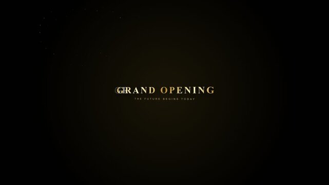 Elegant luxury gold animated typography text banner grand opening announcement with subtitle the future begins today over dark background, centered front view, sophisticated modern business design.