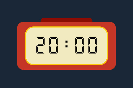 yellow red digital clock showing 20:00 on a navy blue background