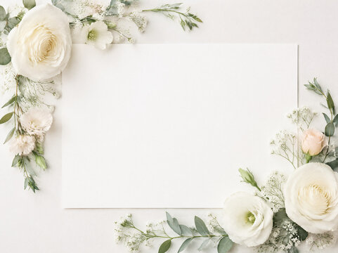 Una tarjeta de invitaci&oacute;n de boda blanca sin texto ,con delicadas flores.