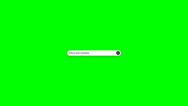 Animated web browser search bar typing query How to start a business on a green screen chroma key background. Centered flat camera angle concept video for entrepreneurship and modern startup.
