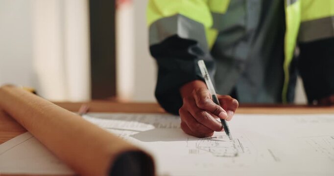 Hands, engineer and drawing on document for construction, blueprint and sketch for architecture. Person, writing and draft at site with paperwork, floor plan and layout structure for building upgrade