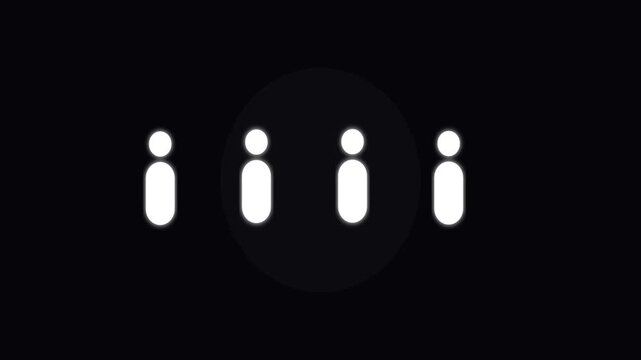 Minimalist abstract motion animation featuring simple white circular human figure icons moving in rhythmic sequence against solid black video background
