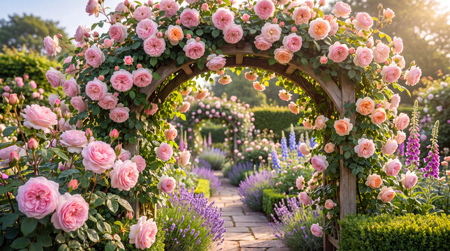 Climbing pink roses arching over garden pathway in summer sunlight  
