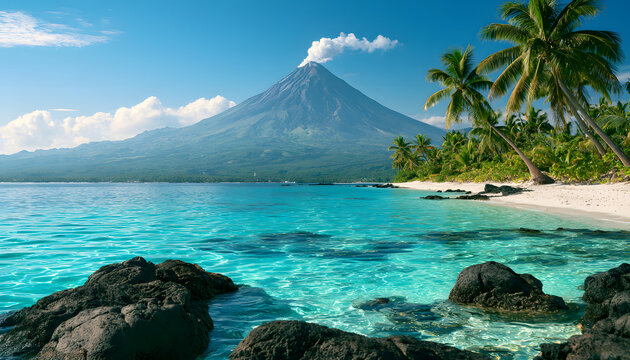 A picturesque tropical scene featuring an active volcano mountain towering above a lagoon of clear turquoise water. Palm trees line the beach of white sand, while dark volcanic rocks add to the island