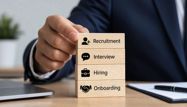 Businessman stacking wooden blocks with recruitment interview hiring and onboarding icons for human resources management concept