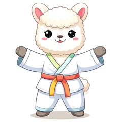Naklejka premium Cute fluffy alpaca performing a playful karate pose with a colorful belt for apparel design generative AI