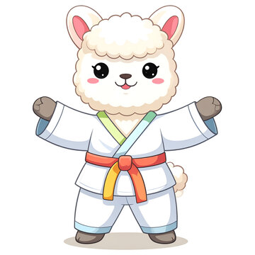 Cute fluffy alpaca performing a playful karate pose with a colorful belt for apparel design generative AI