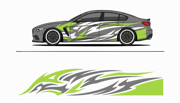 Sport sedan car side view with green and grey racing decals
