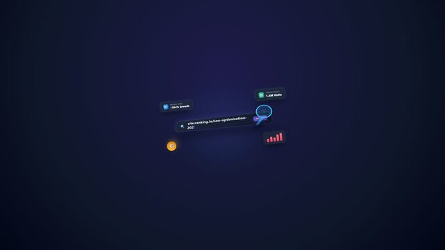 Futuristic 3D motion graphic animation of a digital search bar with magnifying glass, displaying website SEO optimization metrics, growth charts, and traffic analytics on dark background.