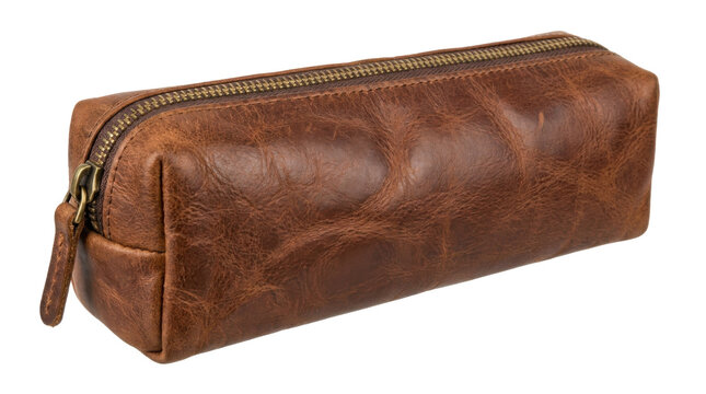 Brown Leather Pencil Case with Zipper PNG Isolated on transparent background