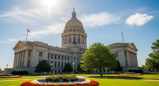 Historic Oklahoma State Capitol building under a bright sunny blue sky