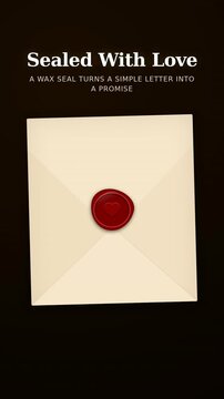 Close up of a wax seal being pressed onto a love letter on a wooden desk