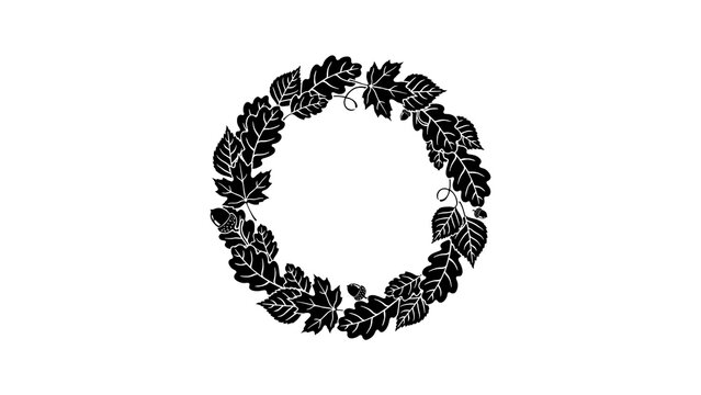 Black Floral Wreath Circle Autumn Leaves Botanical Frame Icon Isolated On White Background
