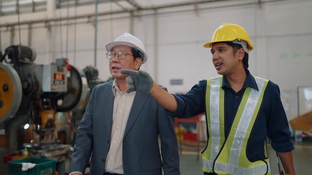 Two men walk through a factory floor. One wears a suit, the other a safety vest. They gesture toward machines and discuss operations