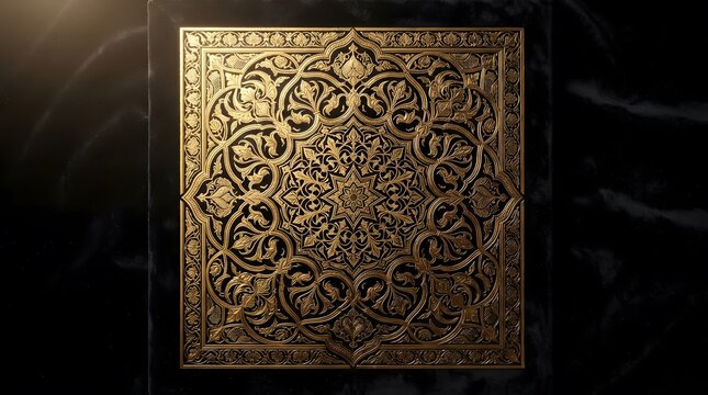 Golden ornate mandala pattern on a dark marble surface