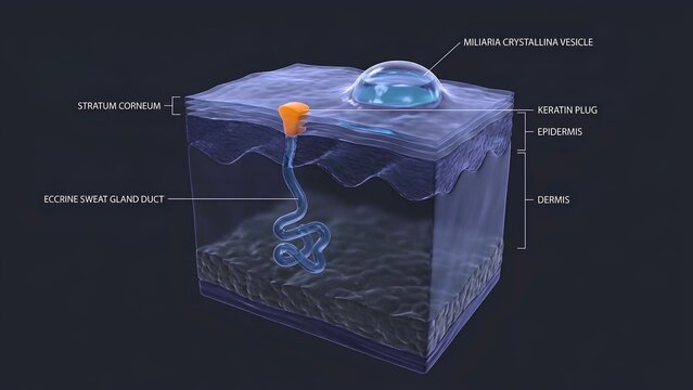 3D Medical Illustration of Miliaria Crystallina Showing Eccrine Sweat Gland Duct Obstruction