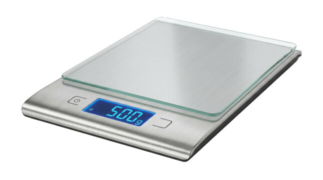 Digital kitchen scale with glass platform and blue display PNG Isolated on transparent background