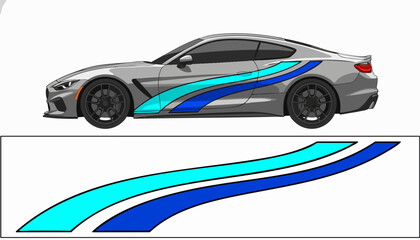 Obraz premium Sporty silver car with blue racing stripes side decal