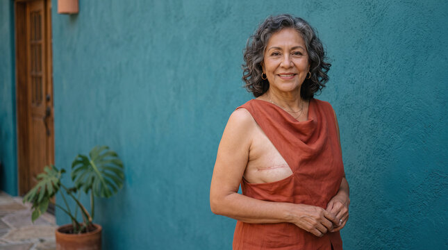Mature woman showing mastectomy scar standing against blue wall in outdoor setting