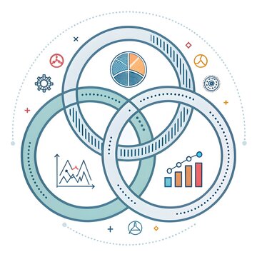 Venn diagram intersection business circles with financial data charts and analytical icons representing integration