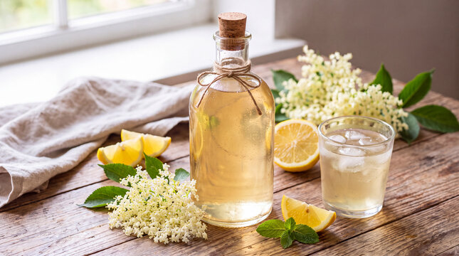 Elderflower cordial in glass bottle with lemon and flowers on table  