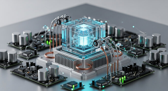 Glowing blue quantum core unit on a futuristic circuit board