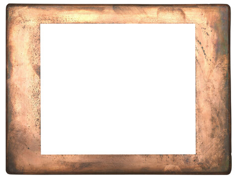 Rustic aged copper picture frame with heavy patina, surface scratches, and fingerprint smudges. Antique industrial metal texture, cutout blank center (png image).