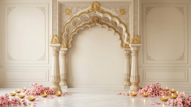 Elegant backdrop for cultural events featuring an ornate Indian archway with golden details and pillars.