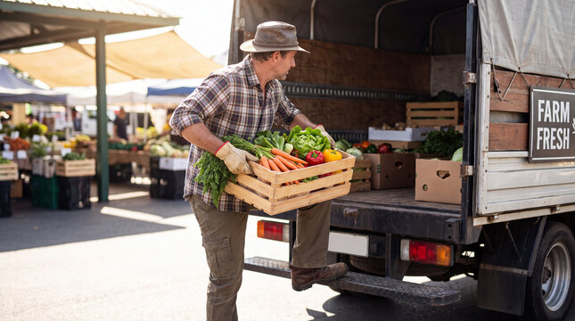 Farmer loading fresh vegetables into truck at outdoor market  