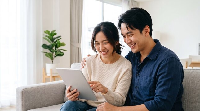Happy Asian couple smiling and looking at a tablet screen together on a couch in a bright living room