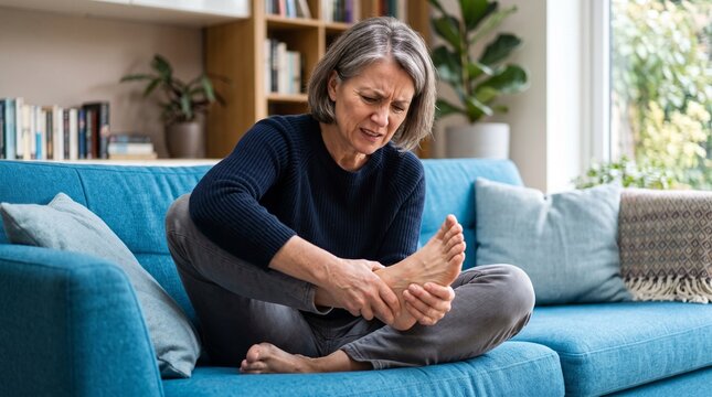 Elderly Woman Experiencing Foot Pain While Sitting on Sofa
