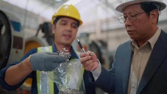 Young worker shows scrap metal to supervisor. Both wear hard hats and safety gear. Worker holds bag, supervisor points to machine