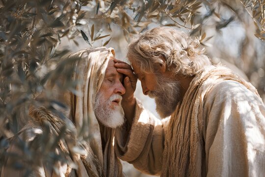 An elderly man in traditional robes receiving a blessing from a younger man in an olive grove