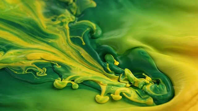 Yellow and green liquid paint mixing together. Fluid abstract ink swirling in motion. Colorful artistic background created by blending vibrant creative pigment.