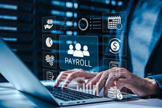 Software technology for payroll management systems helps accountants process employee salaries, payments, records, deductions, financial reports. HR automation, accuracy, workforce administration