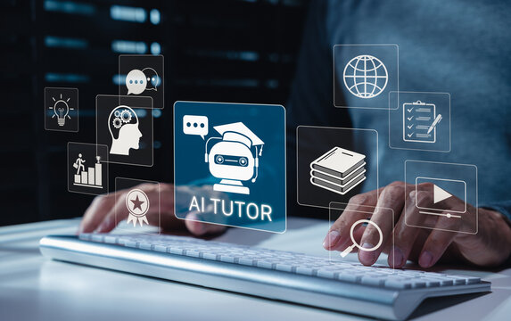 AI tutor online education learning system interactive digital training platform concept. Student using computer to study course knowledge. Intelligent online learning platform for skill development.