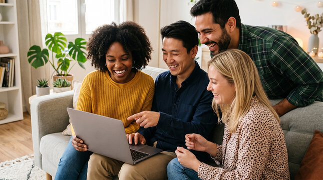 Diverse group of friends laughing together while watching a laptop screen on a couch at home