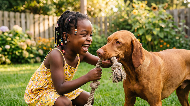 Joyful young Black girl and her Vizsla dog playing tug of war with a rope in a sunny backyard garden