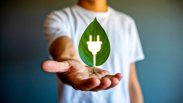 Person holding green leaf with electric plug symbol for clean energy and sustainable living