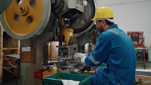 Worker wears hard hat, blue jumpsuit, and white gloves. He operates heavy industrial press with focused expression