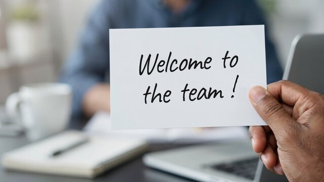Hand holding a white card with the handwritten text welcome to the team