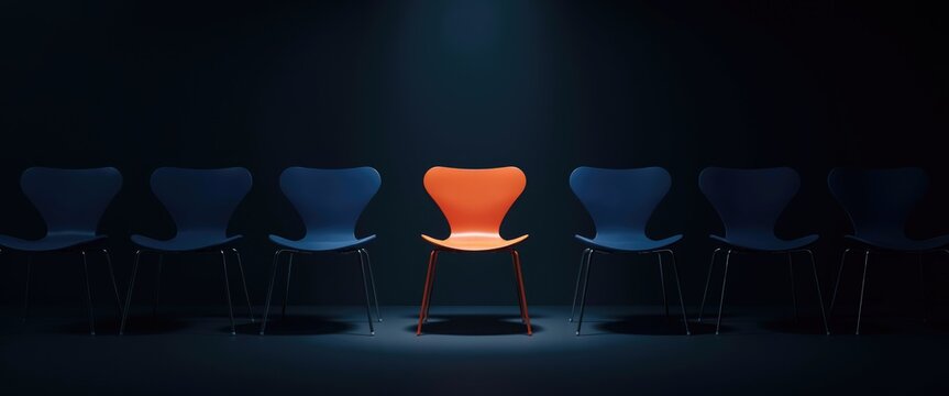 Single orange chair among a row of dark blue chairs in spotlight