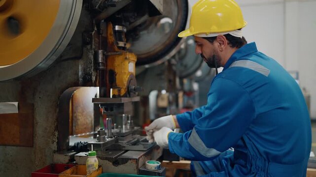 Worker wears hard hat, blue jumpsuit, and white gloves. He operates heavy industrial press with focused expression