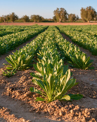 Fototapeta premium Agricultural research plot with halophyte trial crop rows in saline soil showcasing biosaline agriculture innovation and climate resilience