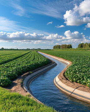 Modern saline agriculture landscape with irrigation channels feeding halophyte crops showcasing sustainable water use and climate adaptation