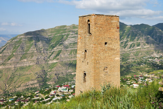 Tower of old village Goor in Dagestan, Russia. Panoramic view of the ancient Goor settlement