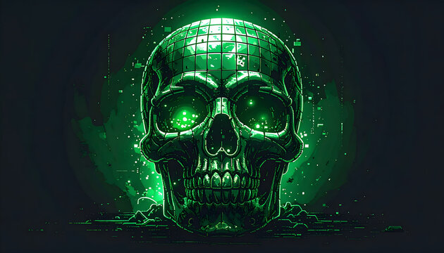 Grinning pixel skull flashing with green monochrome CRT look and glowing retro screen mood generative AI